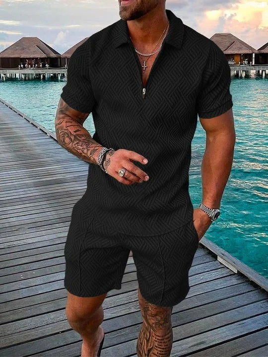 Ethan - Midnight Black Polo Shirt & Shorts Co-Ord
