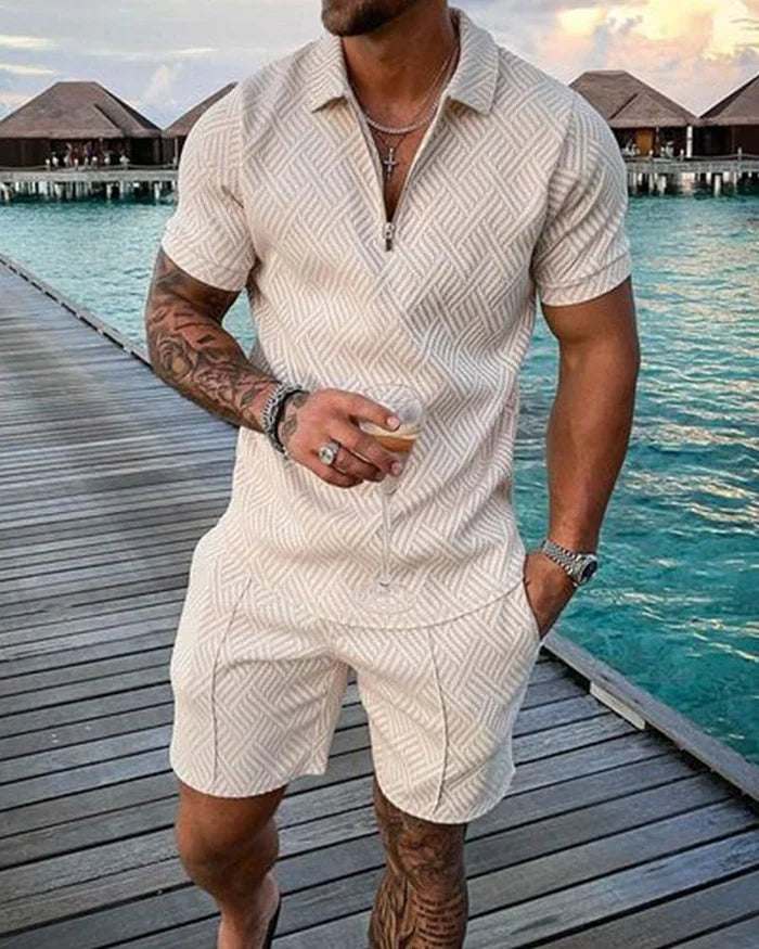 Ethan - Lapel Cream Polo Shirt And Shorts Co-Ord