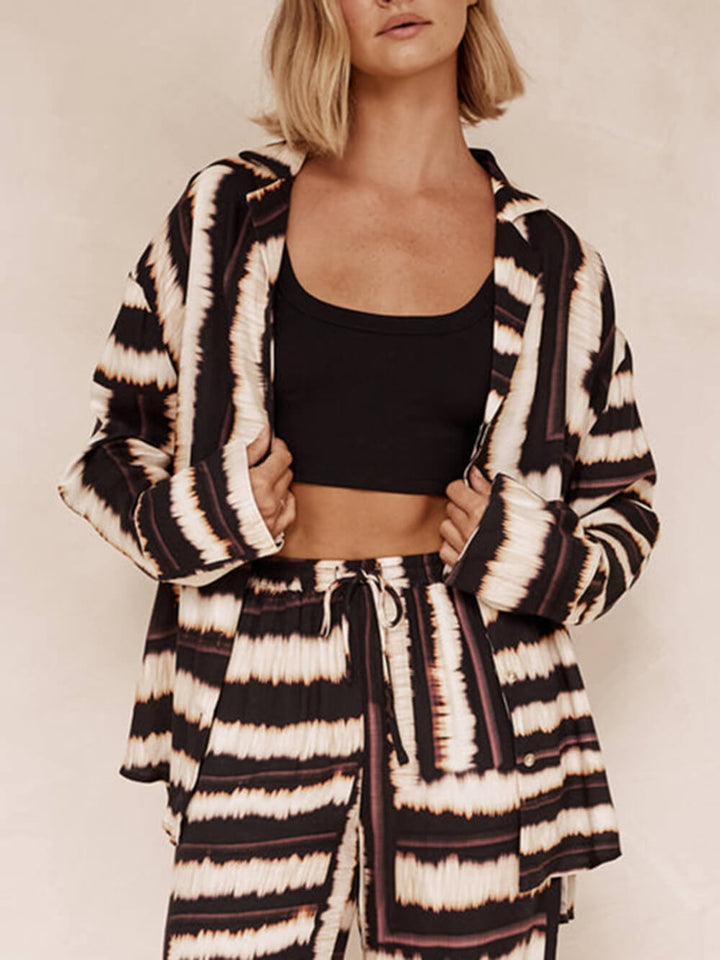 Striped Textured Signature Chocolate Print Loose Shirt