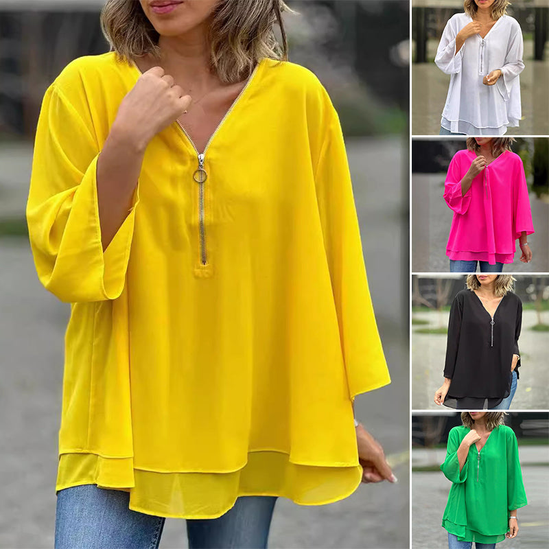 Heidi - V-Neck Flowy Zipped Top