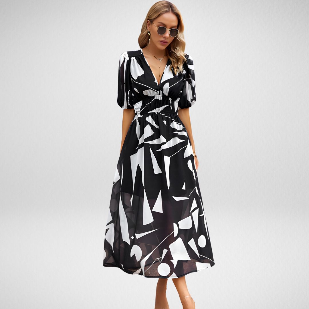 Abby - Elegant Vibrant Pattern V-Neck Dress