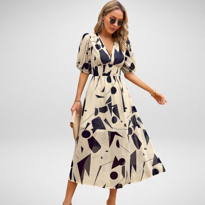 Abby - Elegant Vibrant Pattern V-Neck Dress