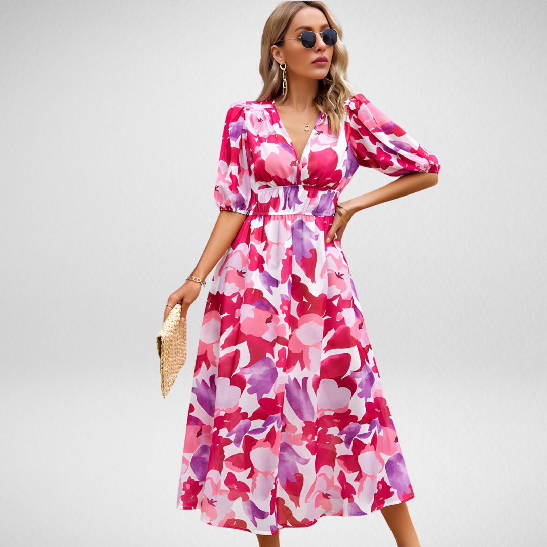 Abby - Elegant Vibrant Pattern V-Neck Dress