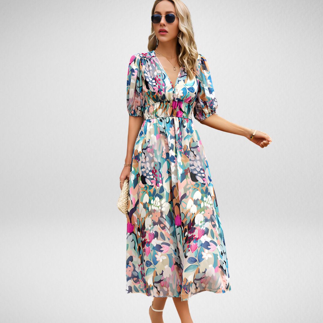 Abby - Elegant Vibrant Pattern V-Neck Dress